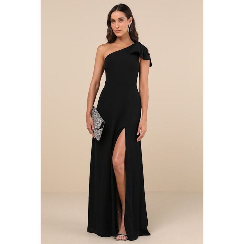 Lulus Simply Brilliant Black One-shoulder Bow Maxi Dress - Size L